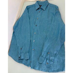 Ermenegildo Zegna Shirt Mens XXL 2XL 100% Linen Turquoise Long Sleeve Italy Made